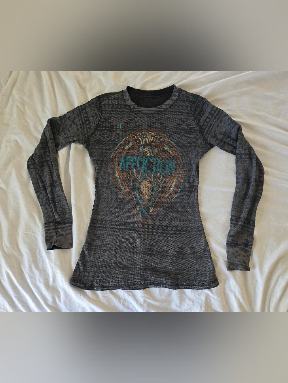 Affliction Women's Gray Graphic Reversible Long Sleeve Sweater - Teal Accents